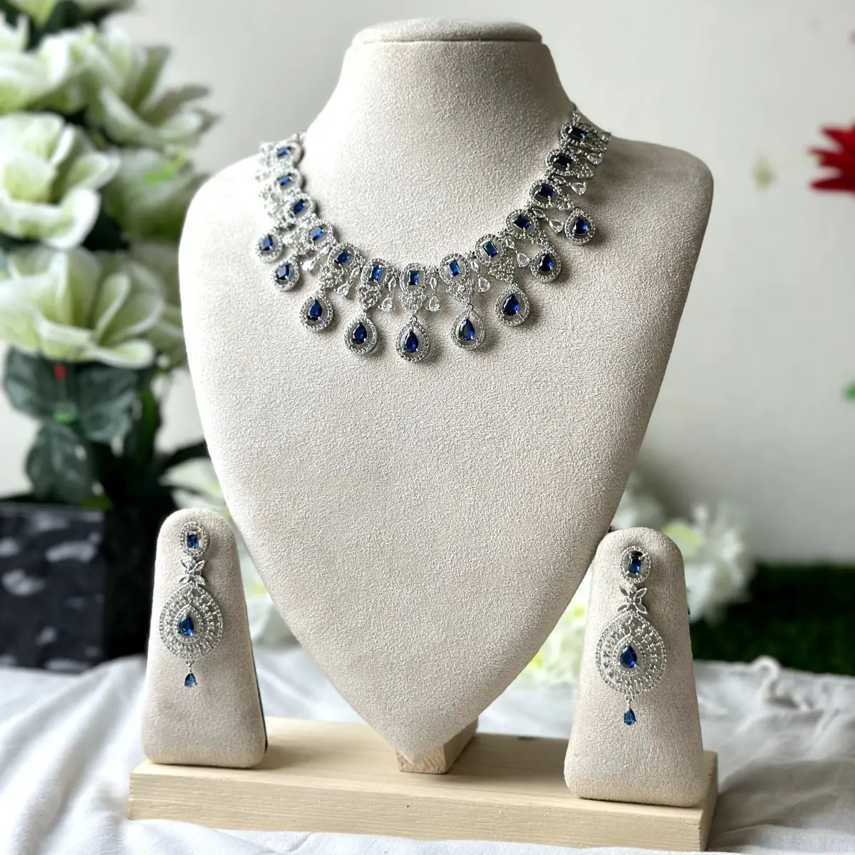 1_1--3606 Teardrop Blue AD Stone Necklace - 3606 - Image 1