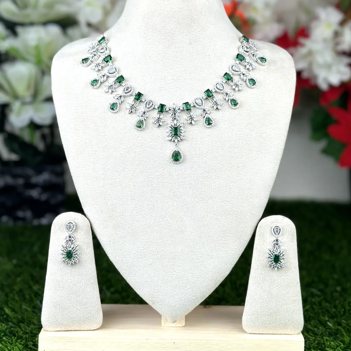 3414 Emerald Chandelier AD Stone Necklace - 3414 - Image 1