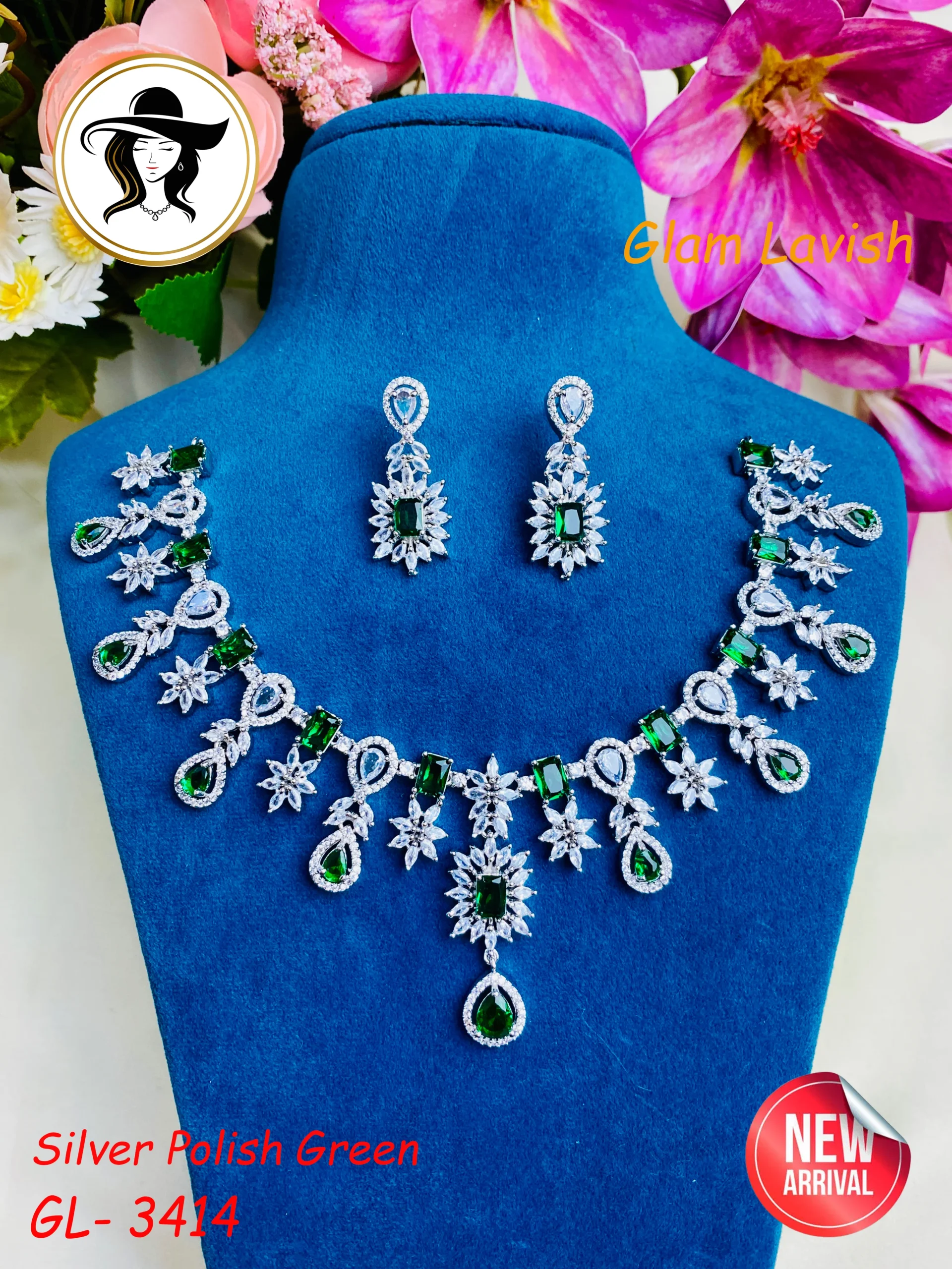 34th 3414 green1 3414 - AD Stone Necklace Set - Image 1