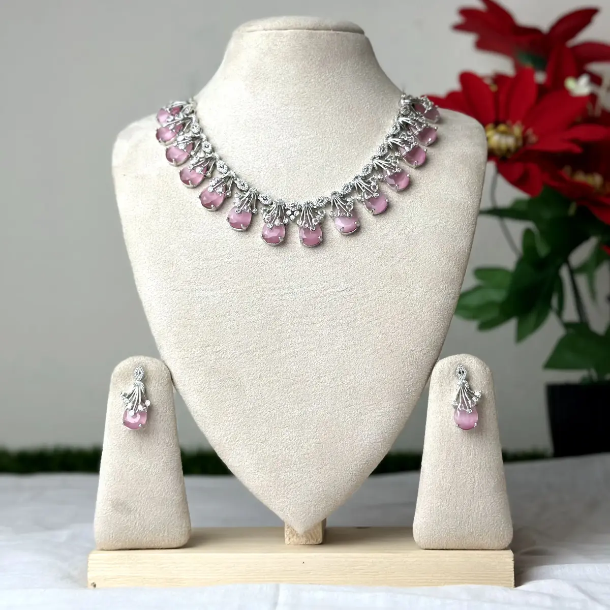 3507 (1) Pink Heart Cut AD Stone Necklace - 3507 - Image 1