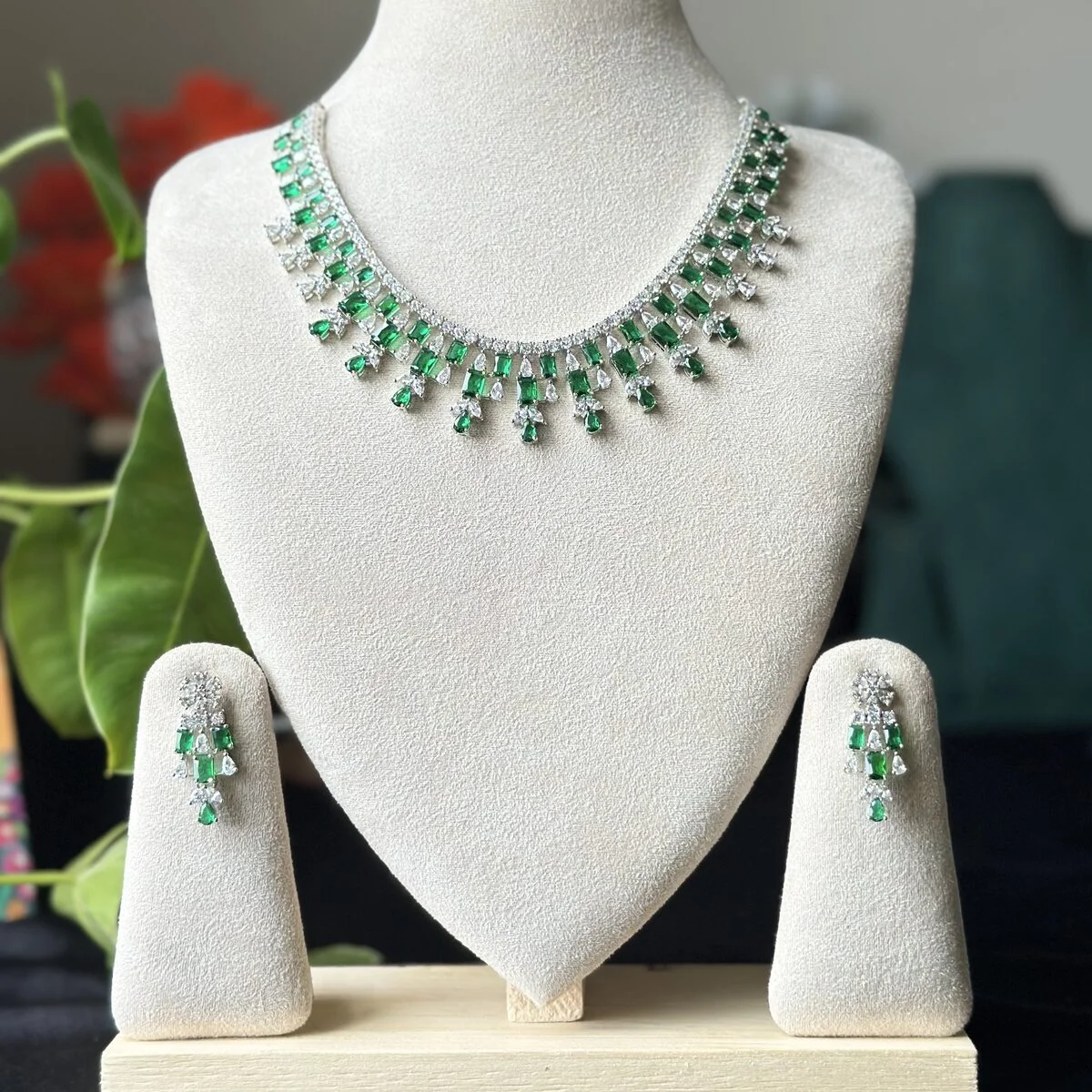 3511 Green Emerald Drop AD Stone Necklace - 3511 - Image 1