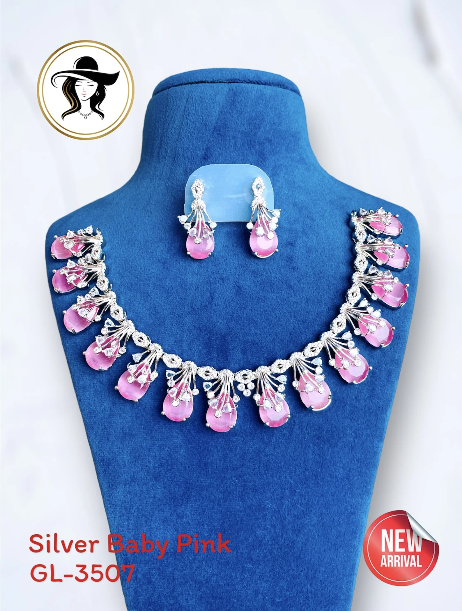 35th 3507 pink 3507 - AD Stone Necklace Set - Image 1