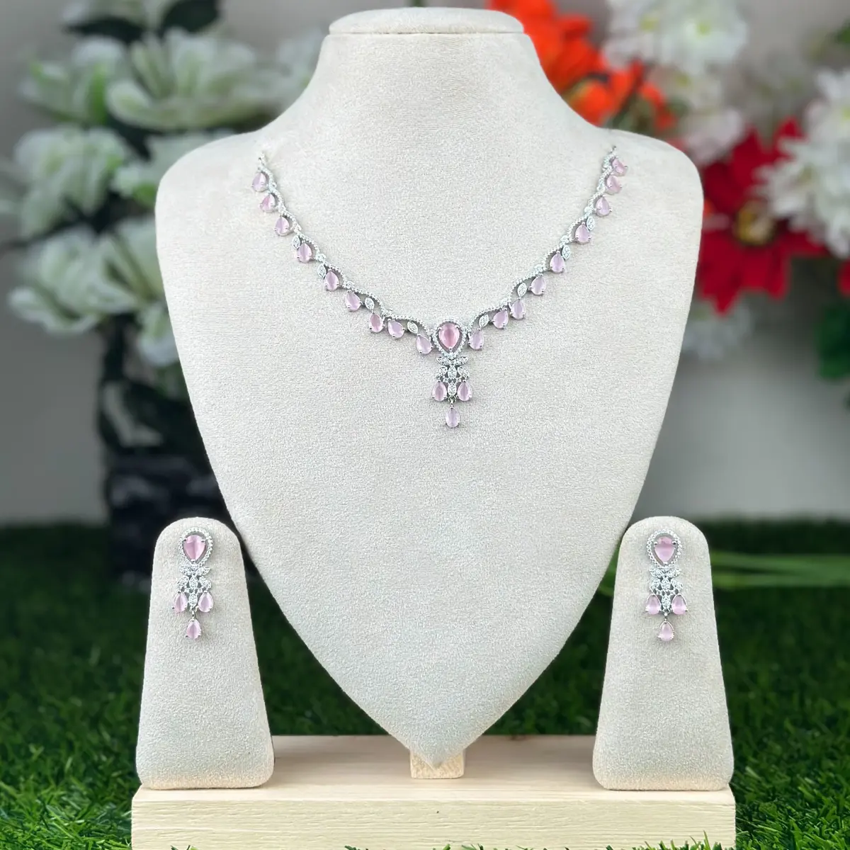 3701 (1) Heart Center Pear Drop AD Stone Necklace - 3701 - Image 1