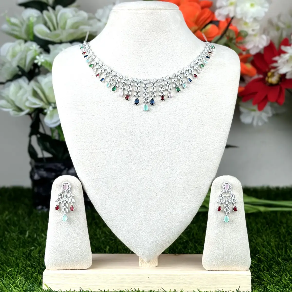 3702 Multi-Color Pear Cut AD Stone Necklace - 3702 - Image 1