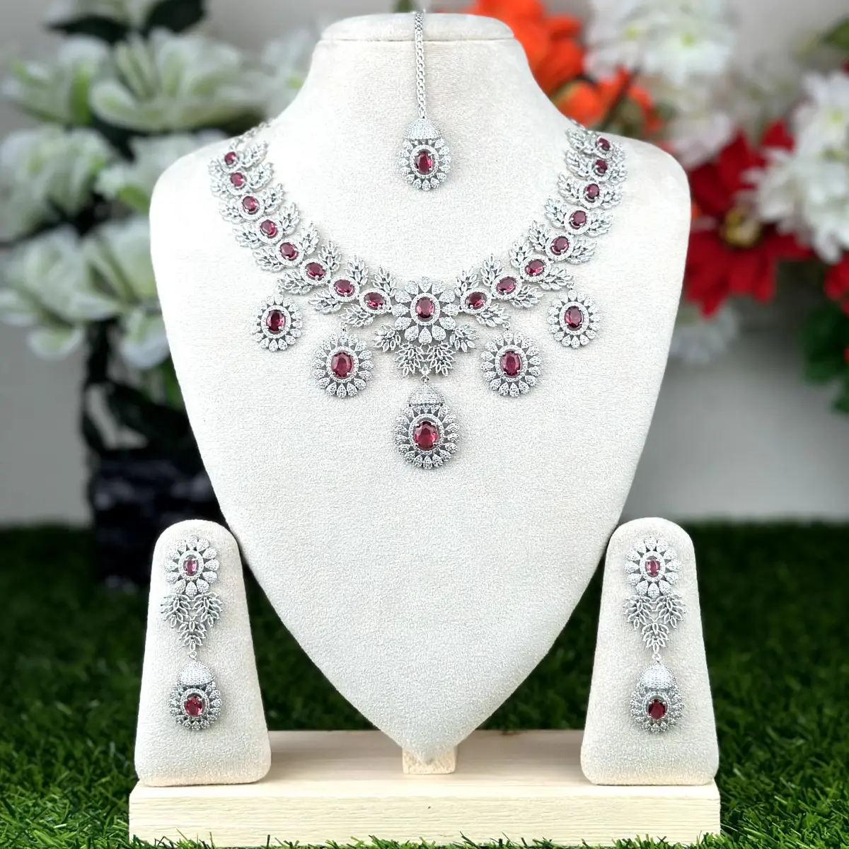 3708 (4) Oval Cut with Round Brilliant Halo Setting AD Stone Necklace -3708 - Image 1