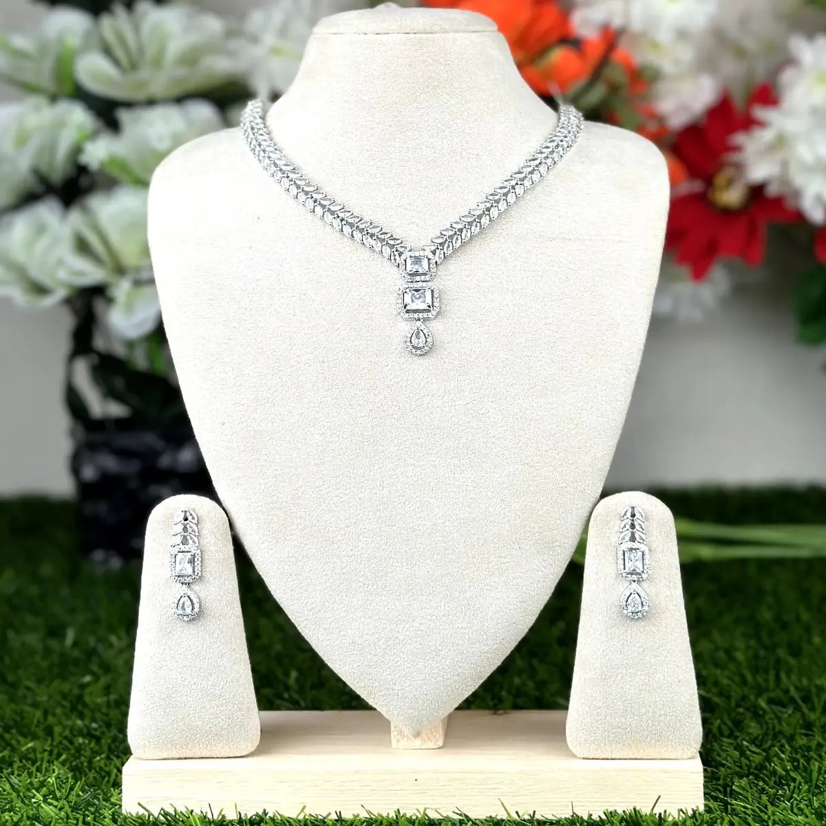 3710 Princess Cut & Pear Drop White AD Stone Necklace - 3710 - Image 1