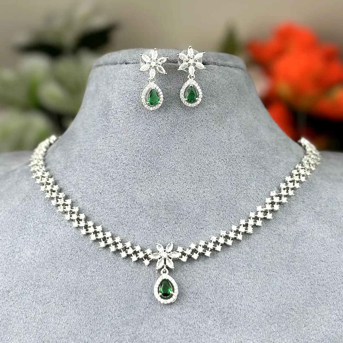 3714 (1) Pear Cut Floral AD Stone Necklace - 3714 - Image 1