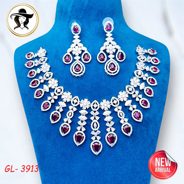 39th 3913 red 3913 - AD Stone Necklace Set - Image 1