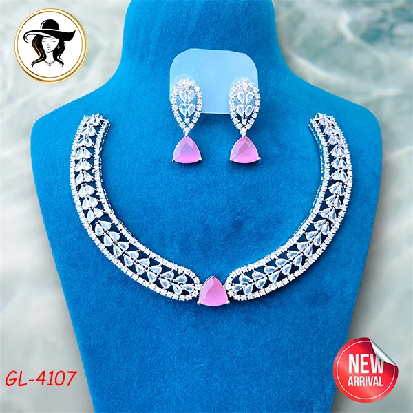 41th 4107 pink 4107 - AD Stone Necklace Set - Image 1