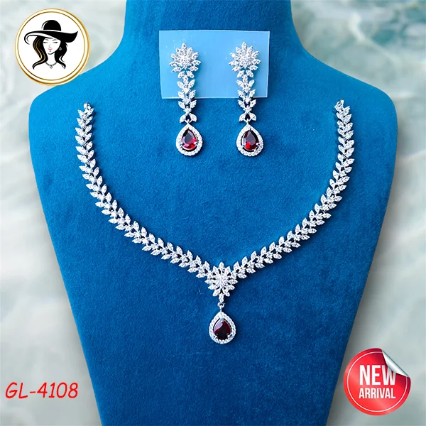 41th 4108 red 4108 - AD Stone Necklace Set - Image 1