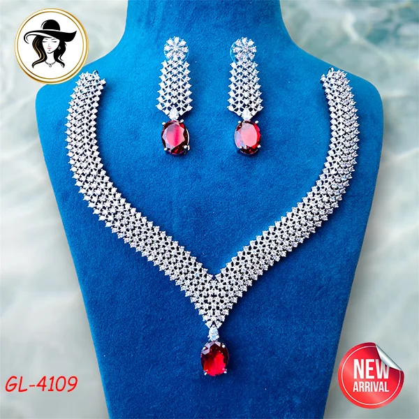 41th 4109 red 4109 - AD Stone Necklace Set - Image 1
