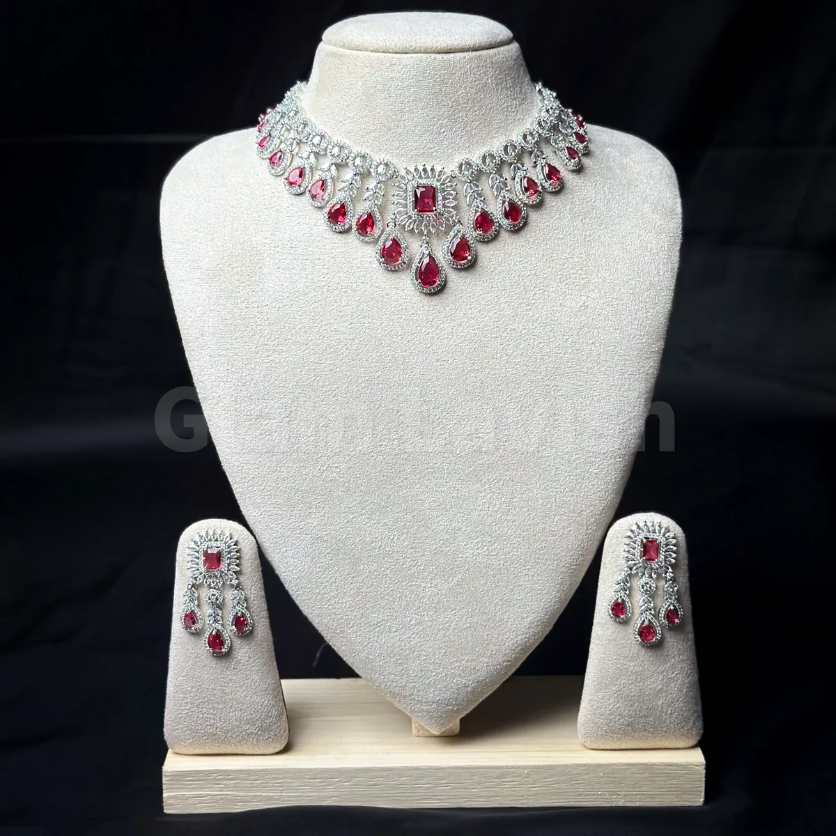 Red-1_1-3711 Pear & Emerald Cut AD Stone Necklace - 3711 - Image 1