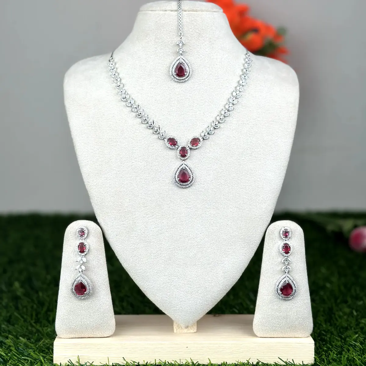 Red-A5002-1_1 Pear & Oval Cut AD Stone Necklace - A5002 - Image 1