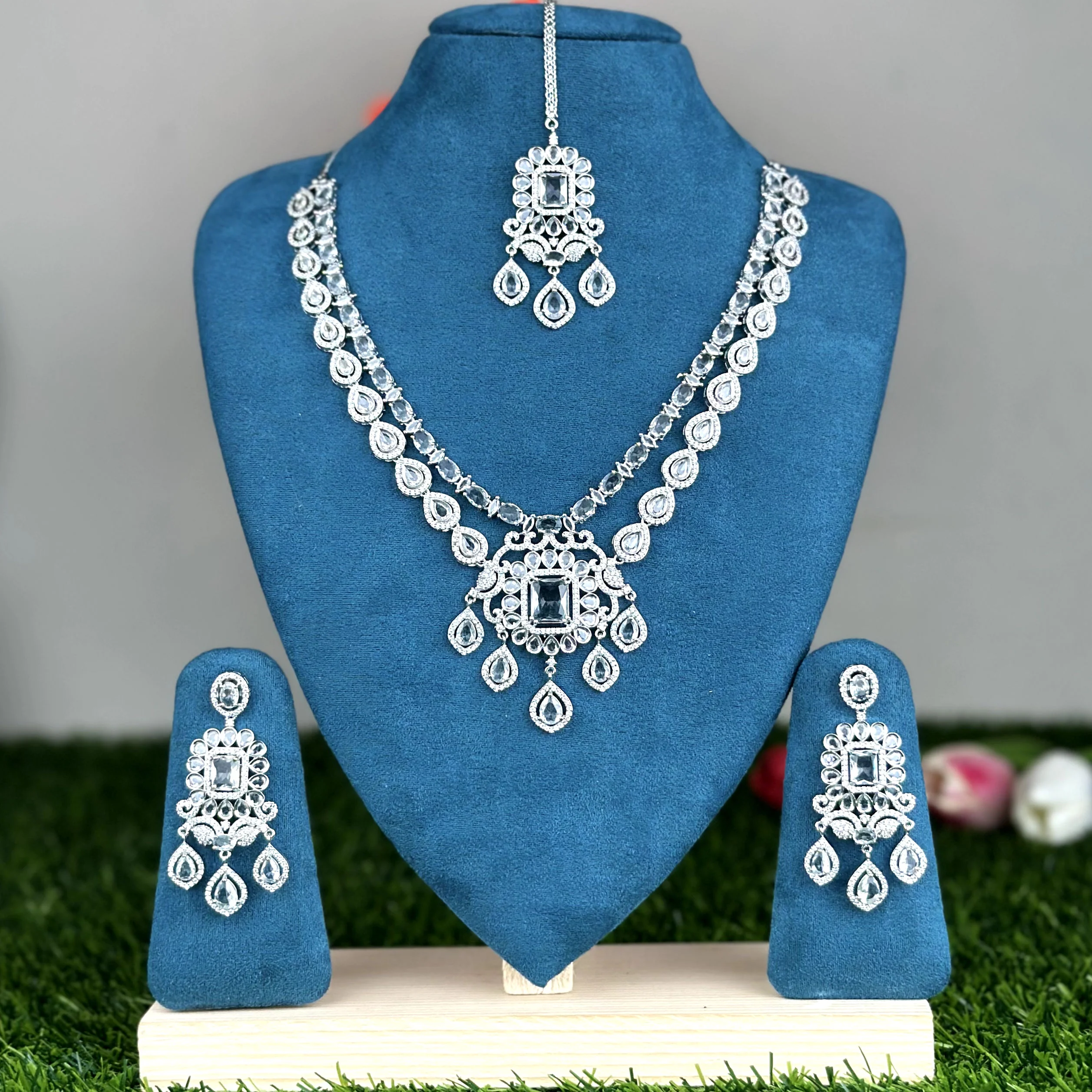 White-A5003-1_1 Emerald Cut AD Stone Necklace -A5003 - Image 1